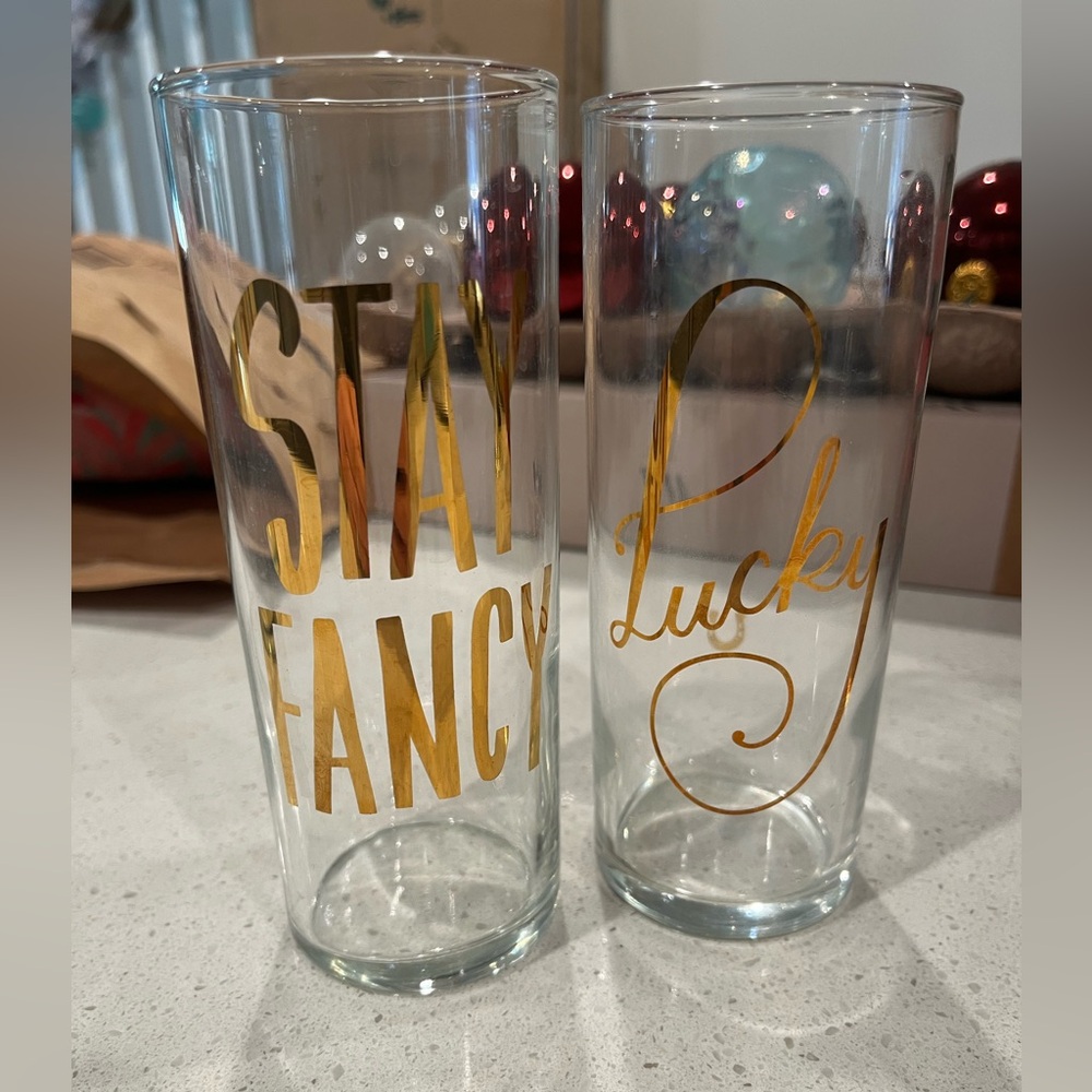 Set of 2 champagne/skinny hi-ball glasses. Stay Fancy and Lucky